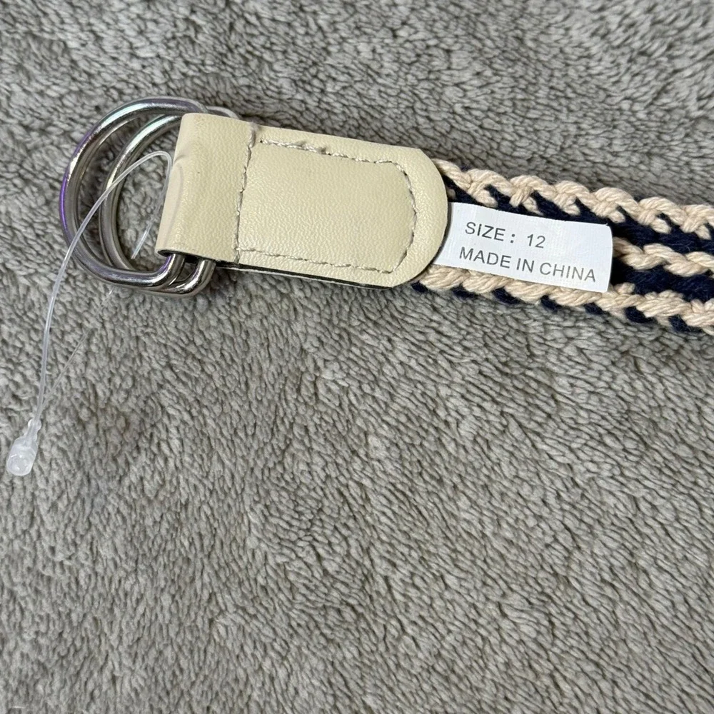 Womens Skinny Braided Rope Belt Size 12 D Ring Blue Cream Nautical Preppy BOHO